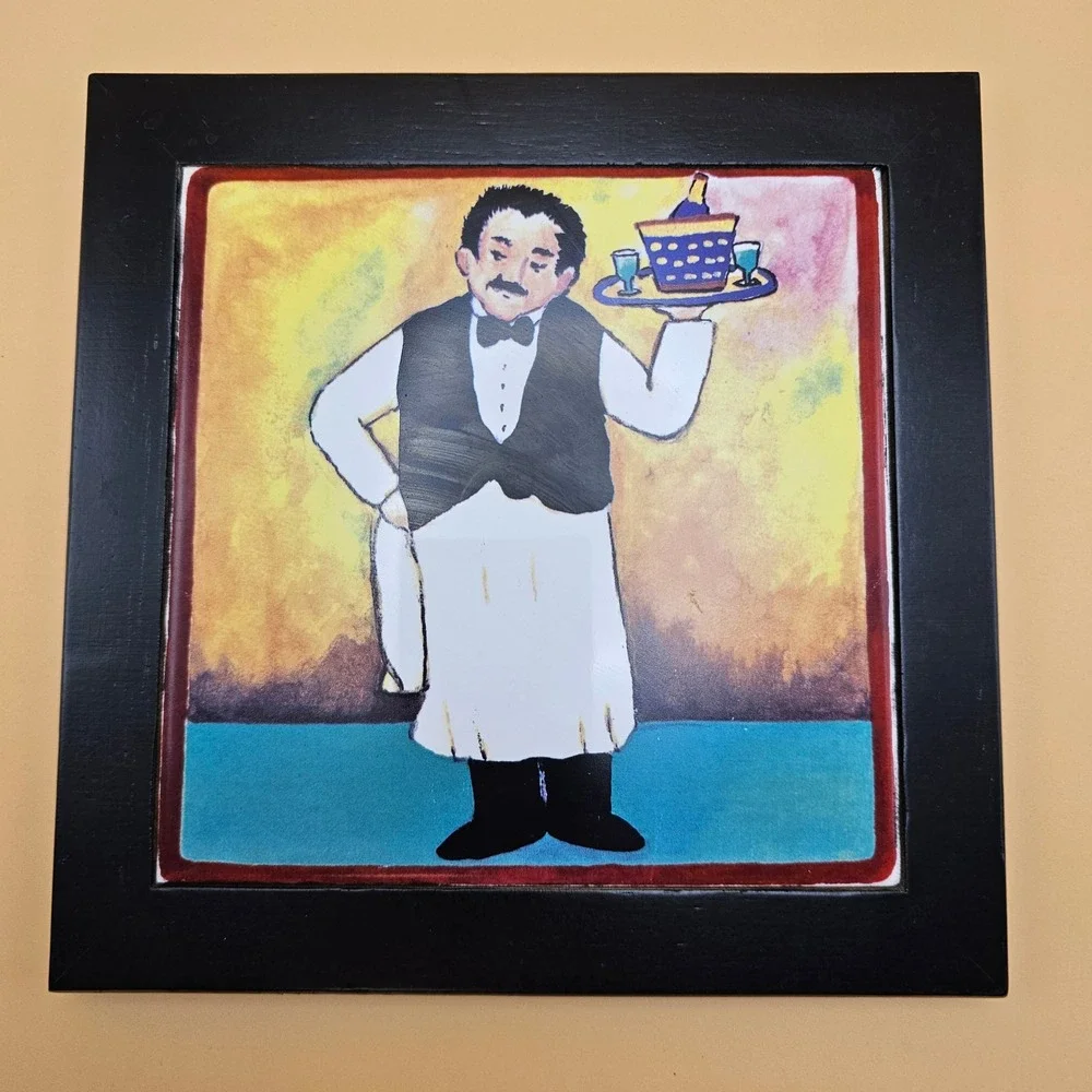 Charming Waiter Serving Tray Tile‎ Art Framed Wall Decor